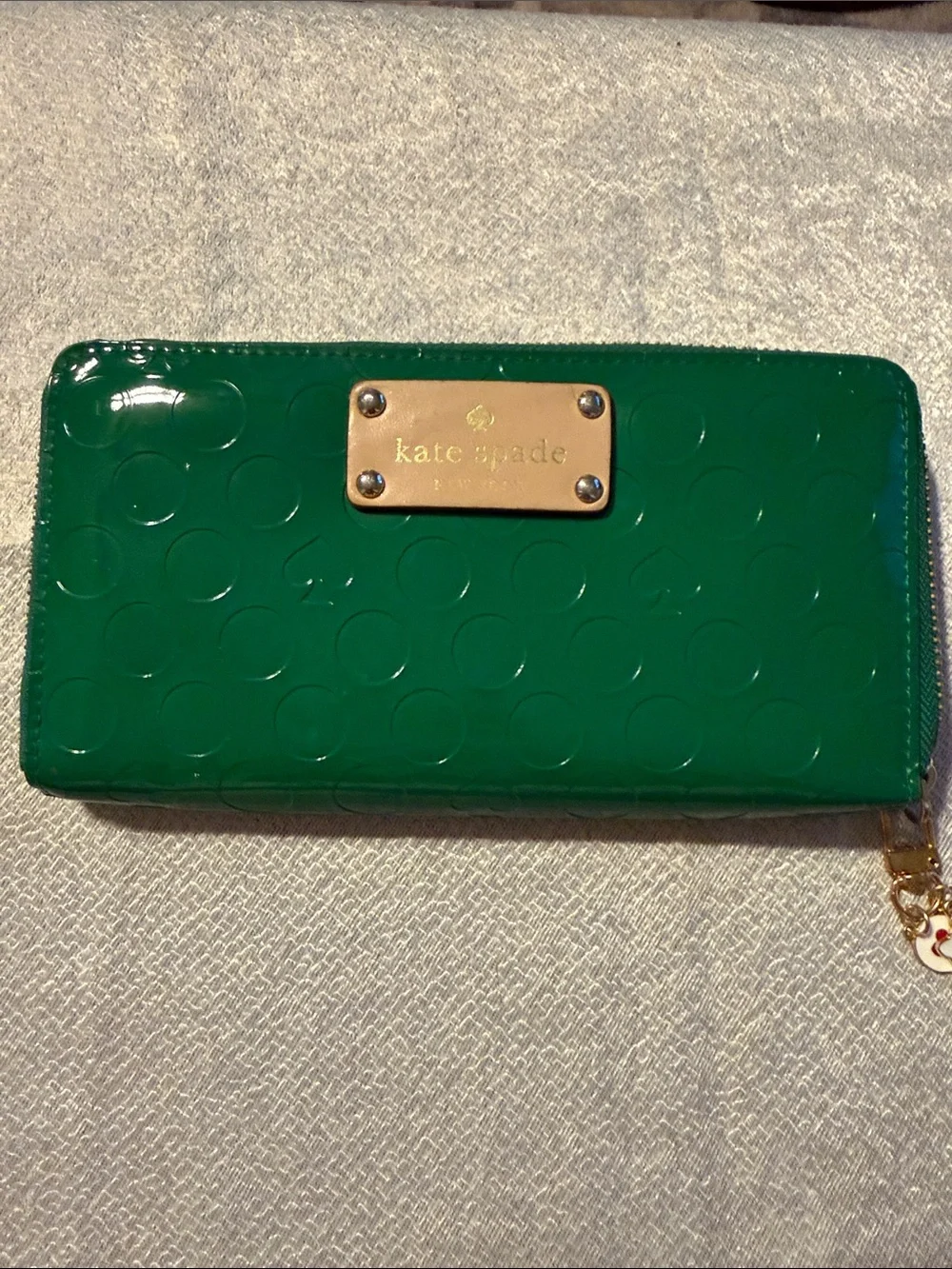 kate spade Green Patent Dot Zip Phone Wallet with Gold Plate
